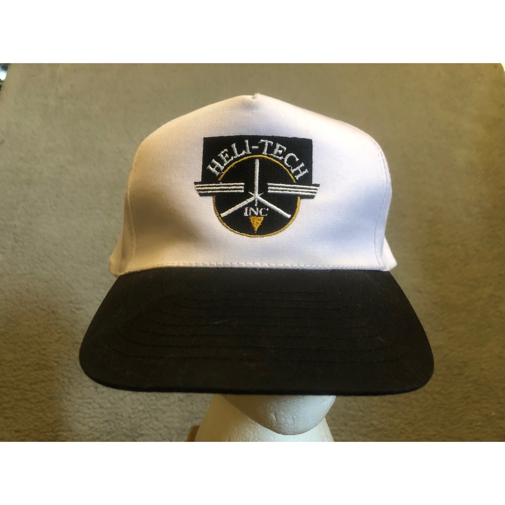 Vintage Heli-Tech Inc Helicopter Snapback Hat White Black Trucker Cap VTG